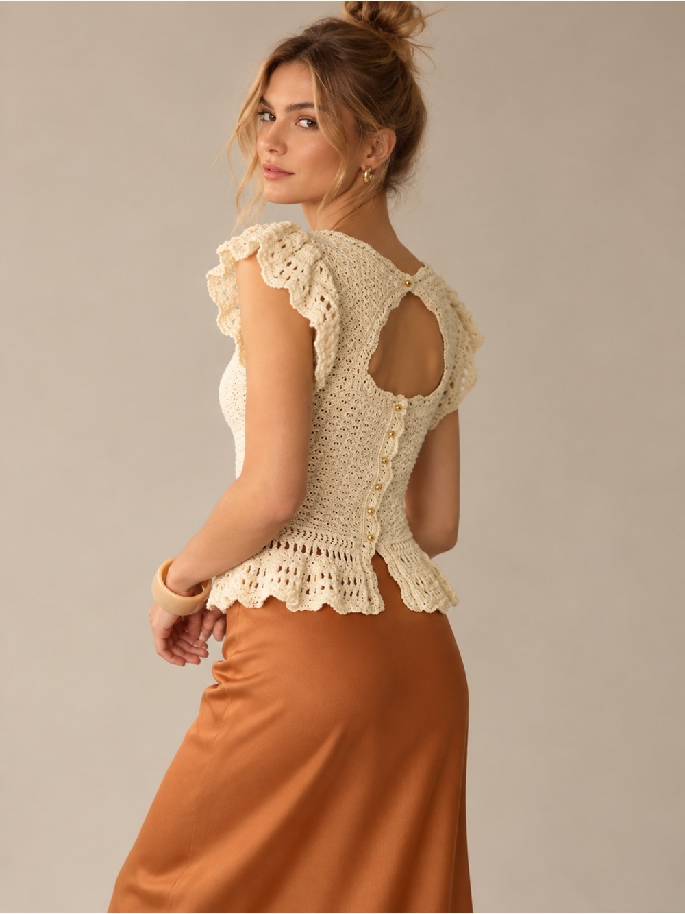 By Anthropologie Flutter-Sleeve Crochet Sweater Top Cream Size S